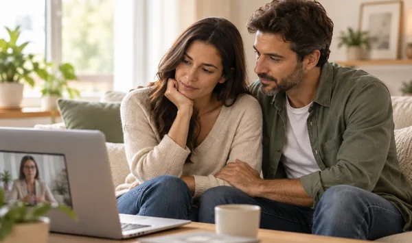 Casal abraçado no sofá em sessão de terapia de casal online pelo notebook